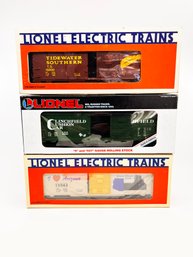 (C-1) VINTAGE LOT OF 3 BOXED LIONEL BOXCARS-TIDEWATER SOUTHERN, CLINCHFIELD & I LOVE ARIZONA