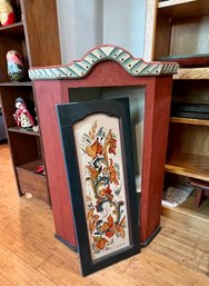 (F-12) LOVELY HAND PAINTED NORWEGIAN ROSEMALING ACCENT CORNER CABINET WITH TWO SHELVES- 15' BY 22' BY34' H