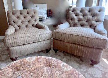 (UP) PAIR OF CENTURY, HICORY NC FURNITURE UPHOLSTERED TUFTED BACK ARMCHAIRS - 42'H BY 36'D BY 34'W