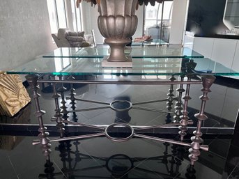 (E) POST MODERN GLASS TOP CONSOLE TABLE WITH BOLD DESIGN IRON BASE - 66' BY 36' BY 22' DEEP