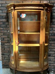 ANTIQUE OAK & GLASS DISPLAY CABINET -CARVED LION HEAD & LEAF DETAIL- BALL & CLAW FEET- 66' H BY 18' D BY 44' W