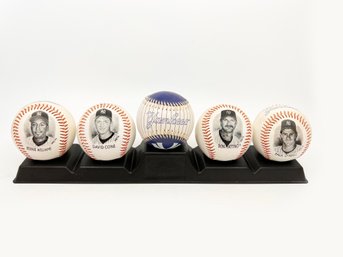 (C-8) VINTAGE LOT OF 5 NY YANKEE FOTOBALL BALLS W/STAND-WILLIAMS, CONE, MATTINGLY AND O'NEILL