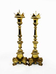 (DEN-1) PAIR OF BIG CHUNKY VINTAGE BRASS CANDLESTICKS - 16' TALL