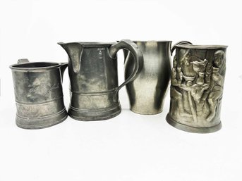 (DEN-10) COLLECTION OF FOUR ANTIQUE PEWTER TANKARDS - INTERNATIONAL PEWTER , KENT AND EH 384