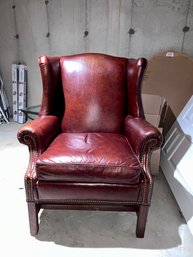 (BAS) ETHAN ALLEN TALL BACK LEATHER WING CHAIR WITH NAIL HEAD DETAIL, RUST/RED LEATHER - 42'H BY 33'D BY 34W
