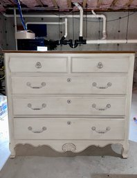 (BAS) ETHAN ALLEN FURNITURE FIVE DRAWER CHEST OF DRAWERS - DISTRESSED WHITE - 51'H BY 44'W BY 19'D