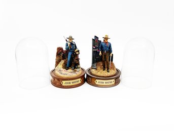 (A-72) PAIR OF FRANKLIN MINT 'TFM' JOHN WAYNE HAND PAINTED SCULPTURES WITH GLASS DOME-CP12874 & C6579
