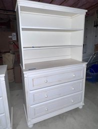 (BAS) DISTRESSED WHITE TWO PIECE CHEST OF DRAWERS WITH BOOKCASE TOP - 68' BY 37' BY 17'D