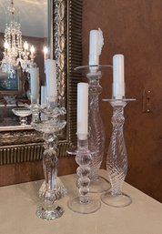 (A-9) COLLECTION OF FIVE VINTAGE GLASS CANDLESTICKS- 7' -18'