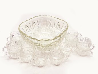 (C-26) VINTAGE LARGE GLASS CUT PUNCH BOWL WITH 12 MATCHING CUPS