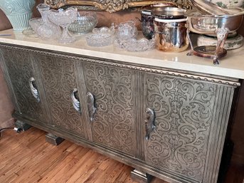 SILVER TONED FOUR DOOR BUFFET SIDEBOARD WITH CARVED DETAIL - SOME CHIP TO SURFACE, SEE PICS - WE HAVE TWO!