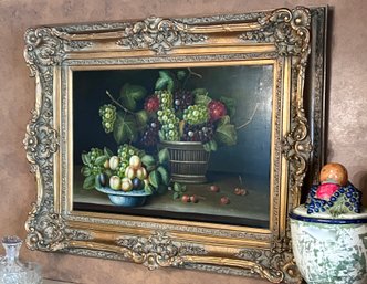 (A-5) ORIGINAL SIGNED STILL LIFE OIL PAINTING ON CANVAS IN ORNATE GOLD CARVED WOOD FRAME- 51' BY 39'