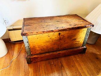 (DEN-32) ANTIQUE WOOD CHEST WITH METAL HANDLES-APPROX, 20' X 34' X 18'