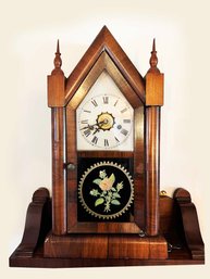 (DEN-37) ANTIQUE MANTEL CLOCK-NEW HAVEN CLOCK CO.-NEW HAVEN CONN-1 DAY SHARP GOTHIC STRIKING ALARM-21' TALL