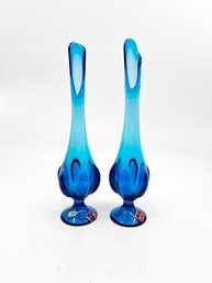 (C-2) MATCHING PAIR OF MCM VINTAGE 'VIKING' GLASS EPIC BLUE SWUNG VASES - APPROX. 11 INCHES TALL