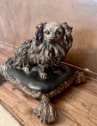 AMAZING ANTIQUE CARVED WOOD STAFFORDSHIRE DOG ON A TASSELED PILLOW - HEAVY, WELL WORN PIECE - 17' BY  12'