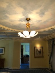 (L) 2nd FRENCH DECO EIGHT LIGHT CEILING CHANDELIER WITH MURANO? QUALITY GLASS LEAF SHADE PANELS -GORGEOUS! 31'