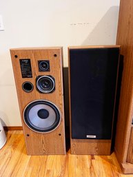 (C-10) VINTAGE PAIR OF ONKYO FUSION AV-S-11 FLOOR SPEAKERS-APPROX. 36' TALL-DAMAGED TO 1 GRILL COVER