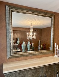 (A-2) BIG VINTAGE SILVER TONED WOOD COMPOSITE MIRROR WITH LEAF DESIGN & BEVELED EDGE - 63' BY 56'