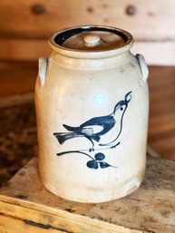 (DEN-53) FAB ANTIQUE BIRD DECORATED STONEWARE CROCK WITH LID, 3 GAL. - 14' BY  9'