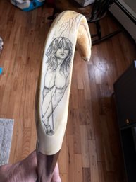 (C-16) VINTAGE WOOD & CARVED BONE SIGNED 'KARST' WALKING CANE WITH ETCHING OF NUDE WOMAN ON HANDLE