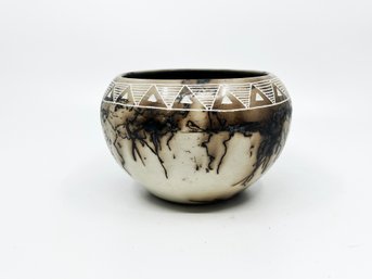 (BAS-8) SOUTHWESTERN ART POTTERY DECORATED BOWL BY 'IRVIN LEWIS, ACOMA NEW MEXICO '03' - 3.5' BY 4.5'