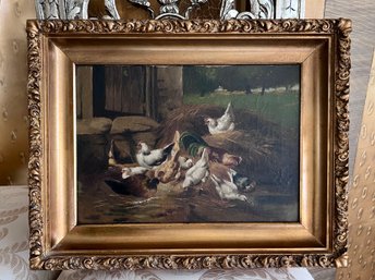 (B-3) CHICKENS & HENS ANTIQUE FRAMED OIL PAINTING - SEE 2' TEAR IN CANVAS - 19' By 15'