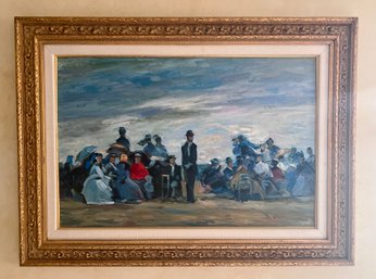 (B-1) VINTAGE ORIGINAL OIL PAINTING TROUVILLE BEACH - ON CANVAS SIGNED 'J. DEVERAUX'? - 45' BY 34'