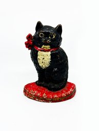 (BAS-13) ANTIQUE CAST IRON BLACK KITTEN DOOR STOP - 7.5' TALL