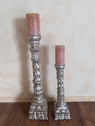 (B-6) PAIR OF SILVER TONE PLASTER COMPOSITE CANDLESTICKS- 28' & 19' HIGH