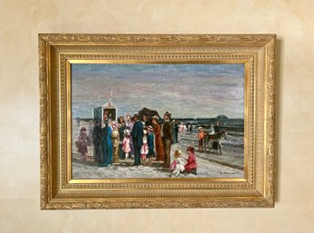 (B-5) ORIGINAL SIGNED J. DEVERAUX IMPRESSIONIST OIL PAINTING AFTER E. BOUDIN - TROUVILLE BEACH - 45' BY 34'