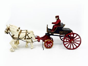 (BAS-15) VINTAGE CAST IRON FIRE CHIEF WITH 2 HORSE BUGGY- MISSING SOME PARTS, AS IS - 15' BY 6.5'