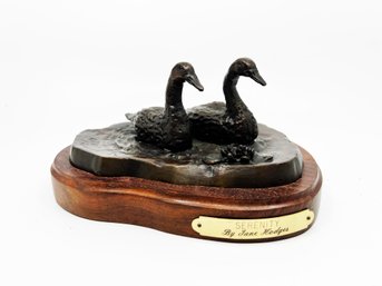 (BAS-16) BRONZE GEESE SCULPTURE ON WOOD BASE BY JANE HODGES - APROX. 9' X 4'