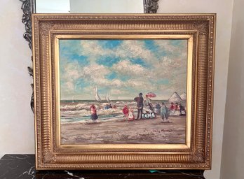 (B-4) ORIGINAL SIGNED JULLY MINNO 20TH CEN. IMPRESSIONIST OIL PAINTING, DAY AT THE BEACH - 28' BY 32'