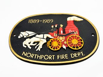 (BAS-20) VINTAGE NORTHPORT, NY CAST IRON FIRE DEPT WALL PLAQUE -1889-1989 - 10.5' LONG