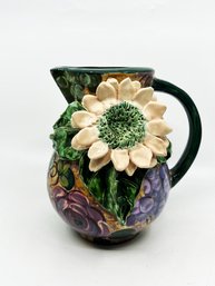 (BAS-21) LESAL CERAMICS, CALIFORNIA FLORAL PITCHER WITH RAISED FLOWERS - SOME SMALL CHIPS -A BEAUTY,  21'