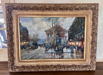 (B-8) ORNATELY FRAMED ORIGINAL VINTAGE EUROPEAN STREET SCENE OIL PAINTING - 49' BY 37'