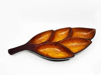 (BAS-22) LARGE 20' X 8' X 2' TEAK MULTI POCKET CANDY DISH SHAPED IN A LEAF