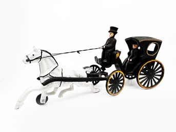 (BASE 24) VINTAGE CAST IRON TOY HORSE DRAWN FUNERAL CARRIAGE- WIDOW, DRIVER & HORSE- APPROX. 12' LONG