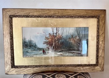 ORIGINAL ANTIQUE WATERCOLOR LANDSCAPE PAINTING WITH TWO FIGURES - ORIGINAL LABLE - 35' BY 21'