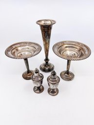 (J-9) COLLECTION OF VINTAGE STERLING SILVER PIECES - PAIR FOOTED COMPOTES, TULIP SHAPE VASE & S&P SHAKERS
