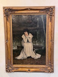 SIGNED & FRAMED OIL PAINTING AFTER JAMES TISSOT MELANCHOLY LADY - 35' BY 46'