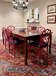 VINTAGE DINING TABLE WITH SIX RED BAMBOO DESIGN CHAIRS - WEAR TO CHAIRS, TWO LAVES & PADS- 81' BY 44'