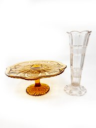 (HALL-6) LOVELY VINTAGE MID CEN AMBER GLASS PEDESTAL PLATTER & PRESSED GLASS TULIP VASE