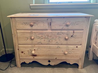 (UP) ETHAN ALLEN NATURAL WOOD DRAWER FOUR DRESSER WITH PAINTED FLOWERS - 42' BY 19' BY 32'