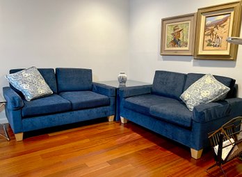 PAIR OF LIKE NEW NAVY BLUE UPHOLSTERED SOFAS - TWO SEAT, CUSTOM SOFAS - 60' LONG BY 37' DEEP BY 32' HIGH