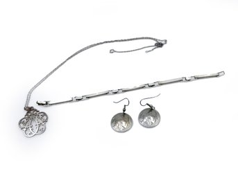 (J-2) STERLING SILVER ABSTRACT MONOGRAM PENDANT & CHAIN, STERLING BRACELET AND BUFFALO HEAD NICKLE EARRINGS