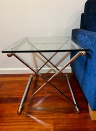 VINTAGE CHROME & GLASS 'x' BASE END TABLE - 28' BY 22' BY 21' HIGH