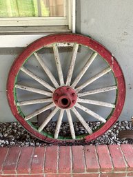 (O) ANTIQUE RED STEEL & WOOD WAGON WHEEL - 40'