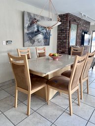 CONTEMPORARY EXPANDABLE BLONDE WOOD DINING TABLE WITH TRAVERTINE TOP & SIX CHAIRS & DRAWER  PLUS 2, 14' LEAVES